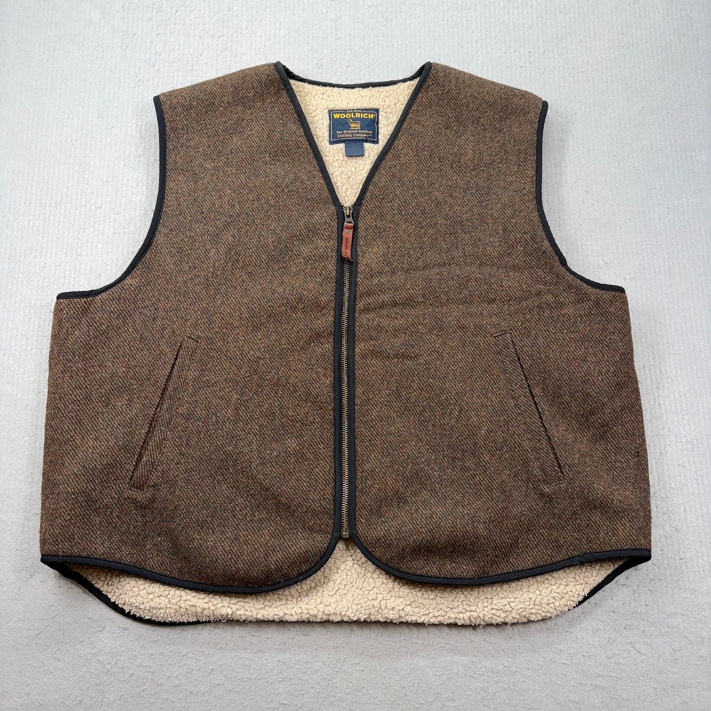 Woolrich Vest Mens XL Brown Wool Blend Sherpa Lined Tweed Full Zip